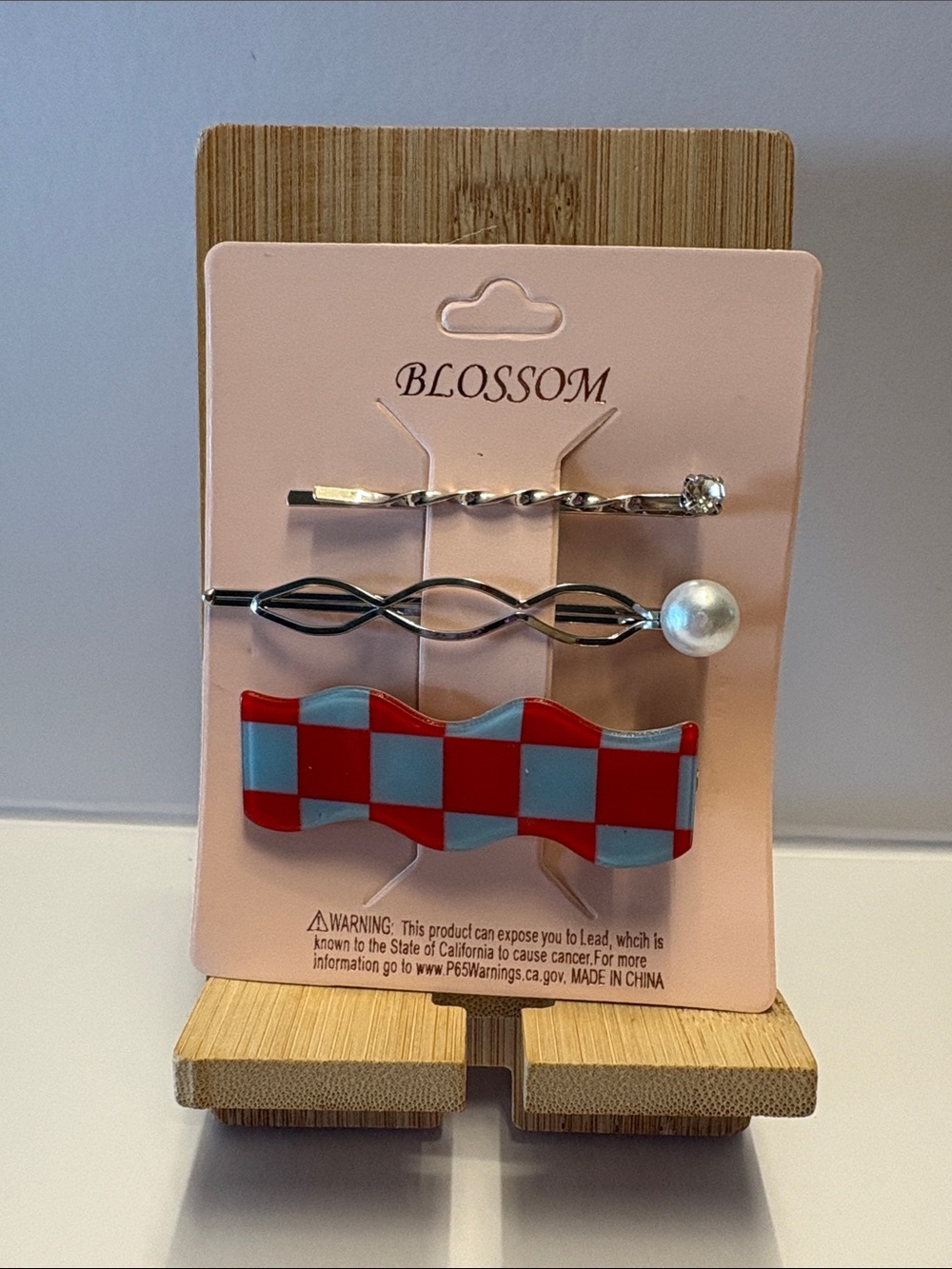 Blossom Kids Red & Light Blue Check Hair Clip Set with Pearl Accent